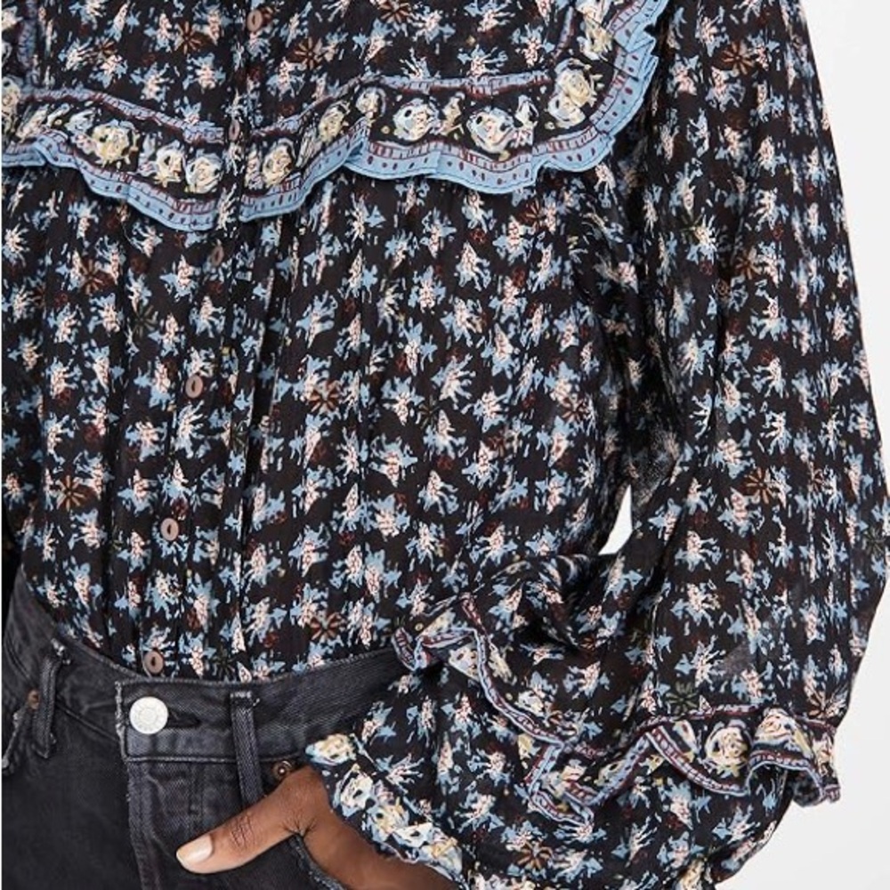 Free People Jenna Floral Patterned Black and Blue Women's Top Size Small